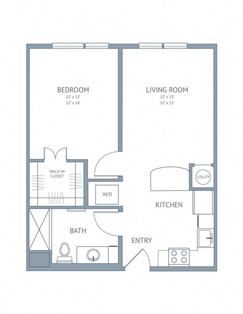 Floor plan for 1 bed, 1 bath, 632 sqft